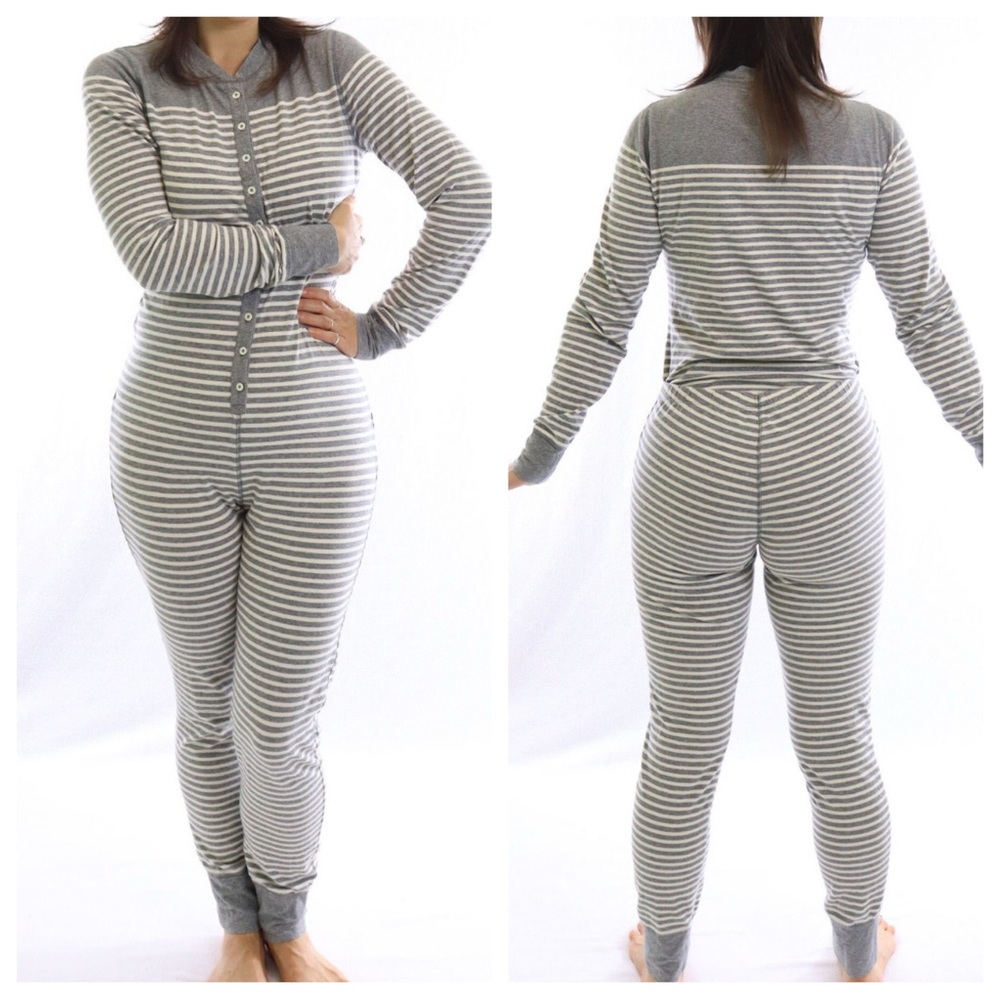J‎ Crew Long John Pajamas Women XS Gray Striped One Piece Lounge Romper Cotton